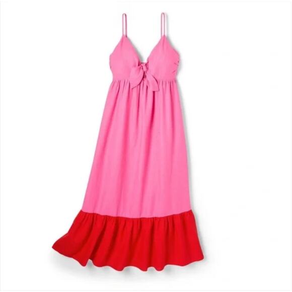 Tabitha Brown Dresses & Skirts - Tabitha Brown x Target Pink Red Tie Front Linen Blend Strap Pocket Midi Dress S
